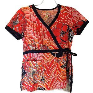 Koi Scrub Kathy Peterson Flower Orange Blue Cross Body Neck Side slit XS Sht Slv